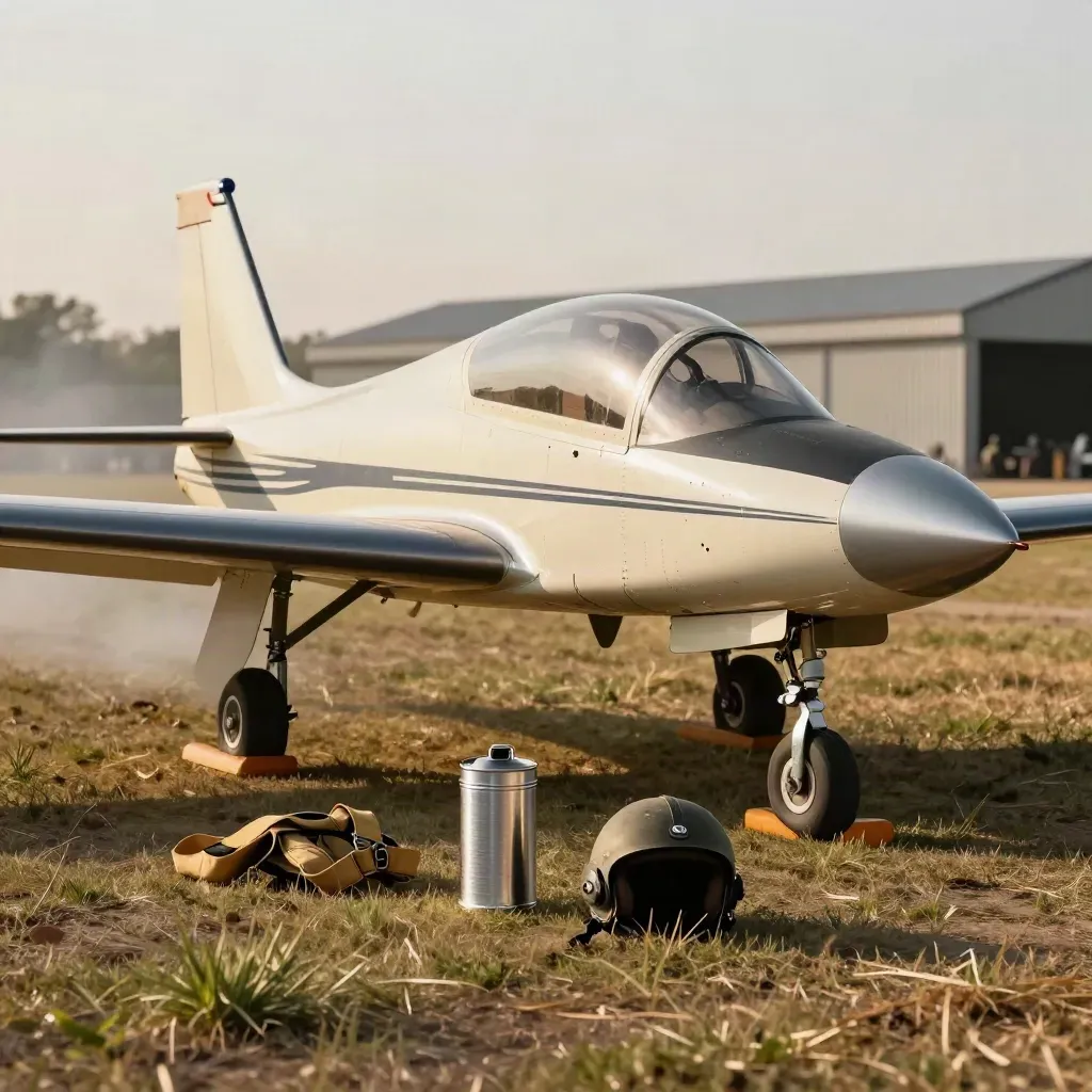 Low-angle aerobatic trainer on grass with helmet, chocks, smoke-oil can and heat haze.