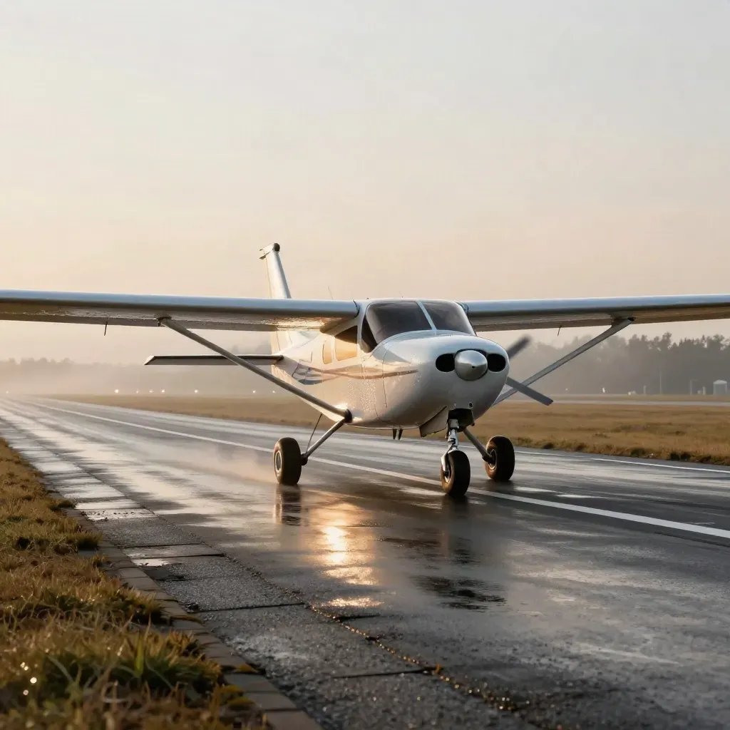 Light training aircraft rolling straight on a wet runway, fresh touchdown marks, mist and low dawn light.