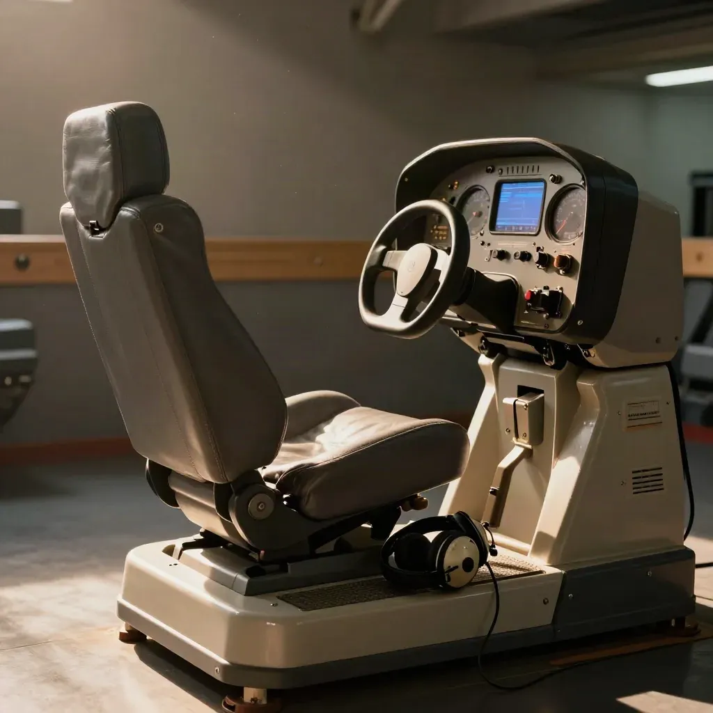 Empty simulator bay with headset on console and runway-light glow, warm late-afternoon light