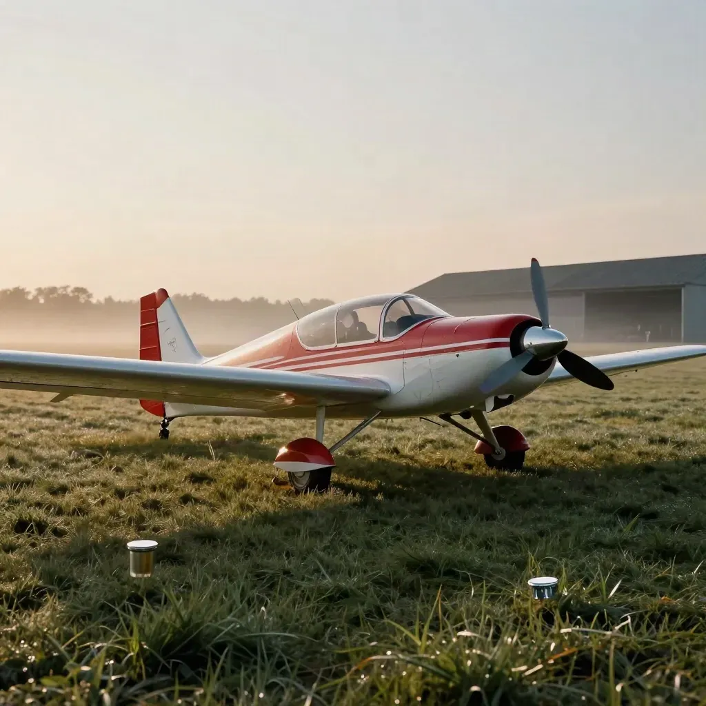 Red-and-white aerobatic monoplane on grass, smoke stain below, faint loop overhead, amber chock