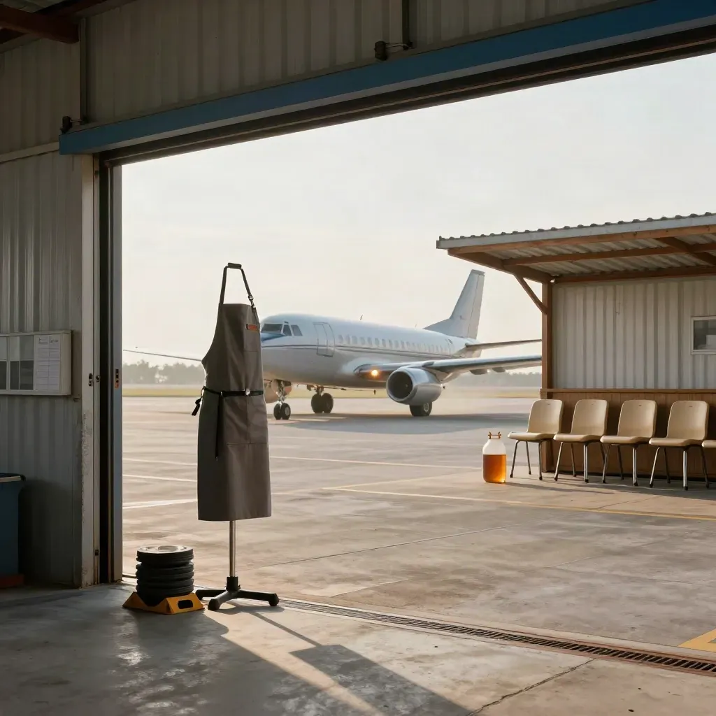 Empty airport briefing stools, chocks and safety gear under a shelter beside a hangar.