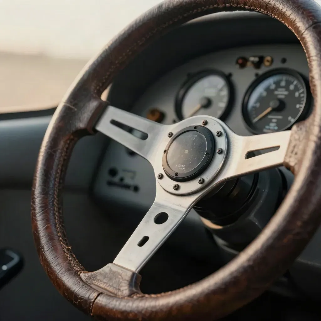 Macro cockpit controls: worn yoke leather, trim wheel spokes and an altimeter bezel in cool shadow.
