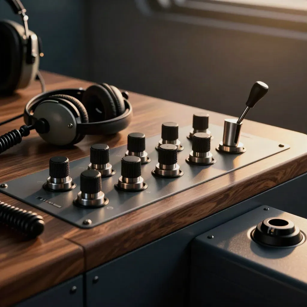 Simulator throttle knobs, radio dials, and a headset cradle in dramatic amber side light.