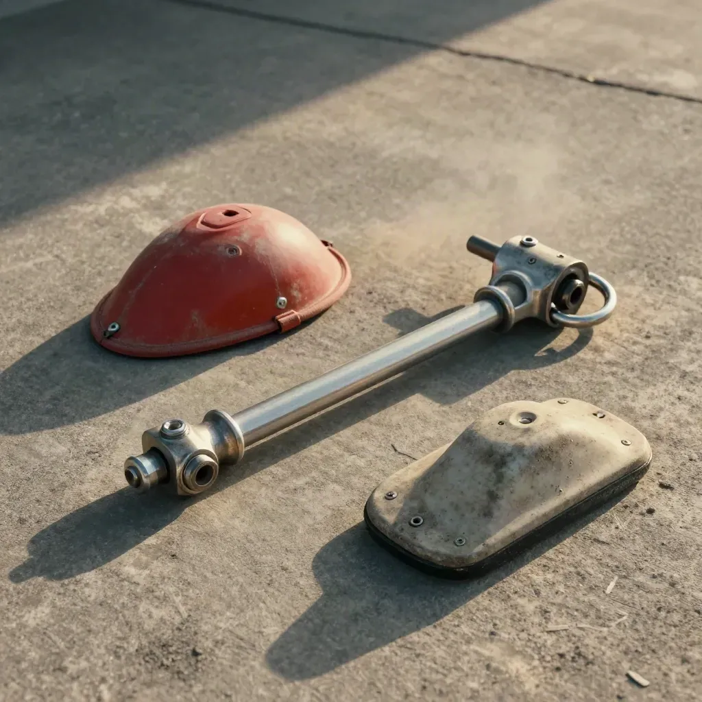 Aviation ground tools arranged on concrete: pitot cover, tie-down ring, tow bar head and wheel chock.