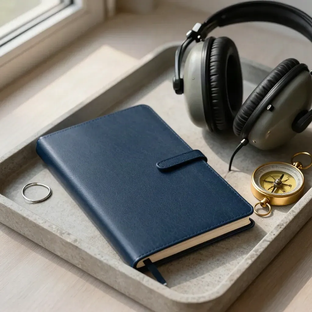 Top-down still life of a navy notebook, headset, brass compass and key ring on stone tray.