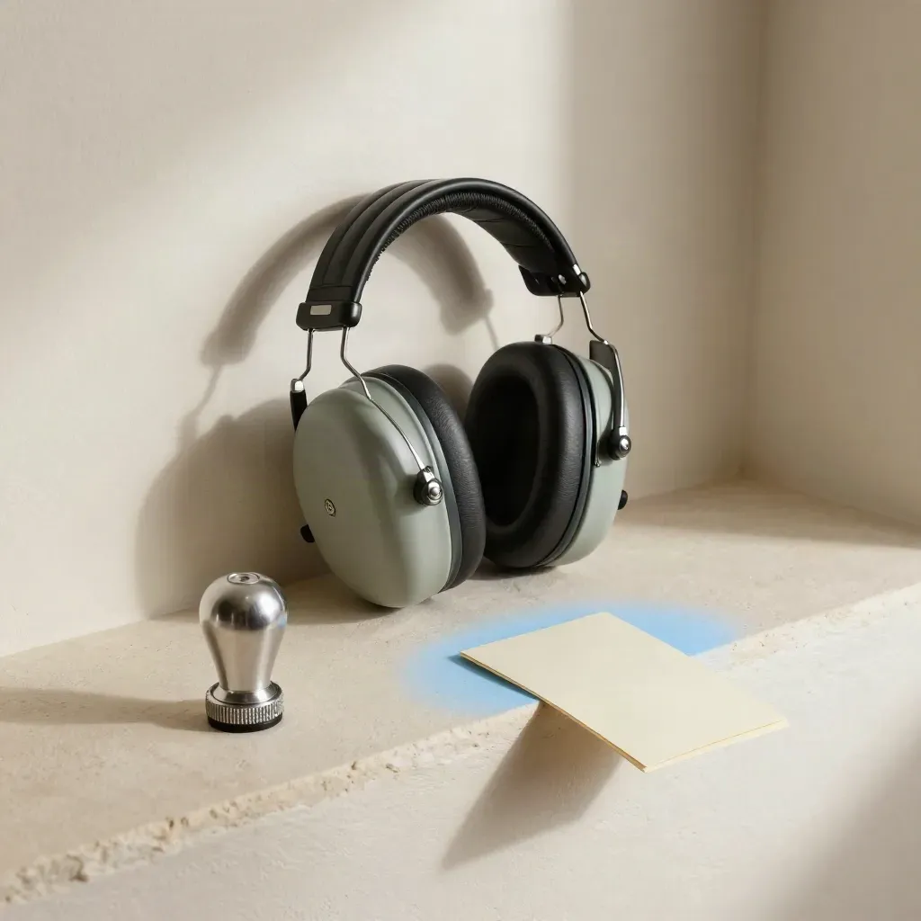 Headset, throttle knob and folded card on stepped plaster shelves with soft side light.