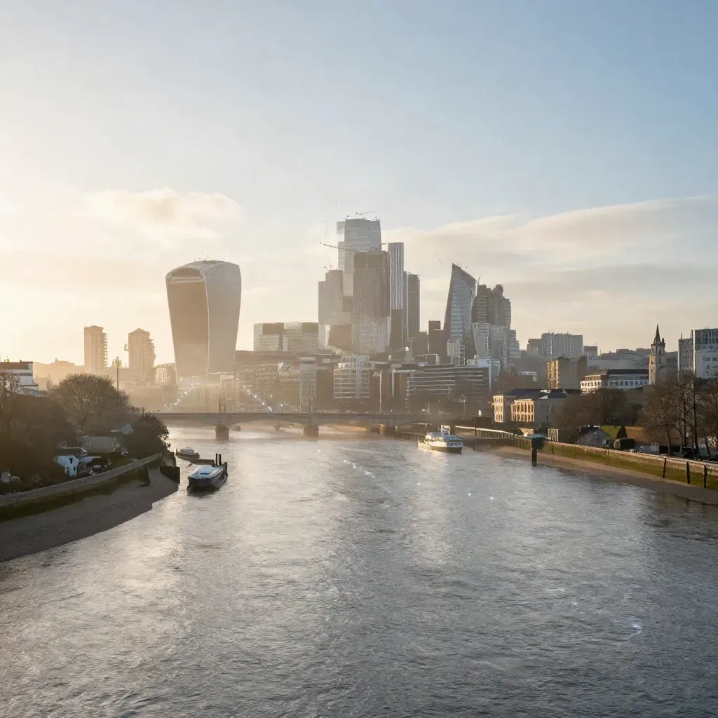 Sunrise over Greater London, the Thames bend and Heathrow lights beneath a hazy skyline.