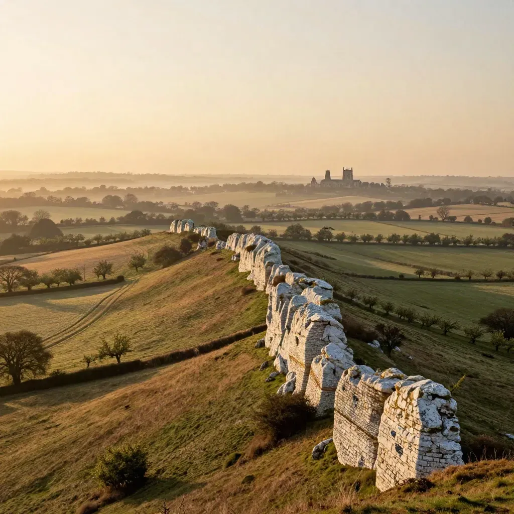 Golden Kent chalk escarpment above orchards and misty farmland at sunset.